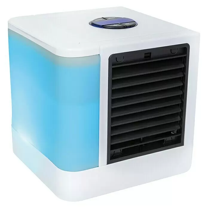 PR Klima Climatizador evaporativo - LED, 5 W - Enfriador de aire portátil blanco y azul con un tanque de agua azul translúcido, rejillas frontales negras y panel de control oscuro en la parte superior.