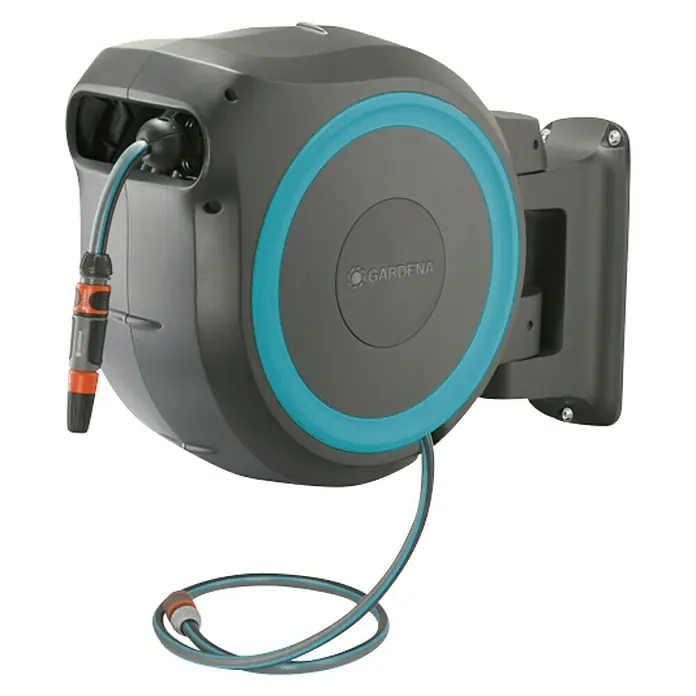 Gardena Portamangueras de pared RollUp XL - Longitud del tubo: 35 m, Gris/Azul - Caja de manguera enrollable Gardena con manguera para un riego fácil y cómodo del jardín, incluye soporte de pared práctico.