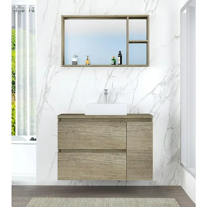 Artysan Mueble bajo de lavabo Farbe - 46 x 100 x 66 cm, Nebraska - Moderno baño con mueble de lavabo con aspecto de madera, lavabo sobre encimera y espejo con estantes para toques elegantes.