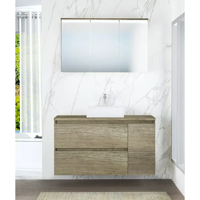 Artysan Mueble bajo de lavabo Farbe - 46 x 120 x 66 cm, Nebraska - Elegante conjunto de baño con mueble de lavabo de madera con lavabo y espejo con iluminación integrada para una estética moderna.