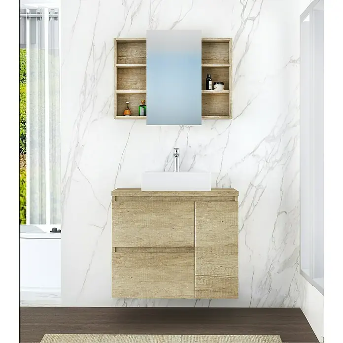 Artysan Mueble bajo de lavabo Farbe - 46 x 80 x 66 cm, Nature - Moderno conjunto de mueble de baño con aspecto de madera, espejo y estantes, ideal para un baño con estilo.
