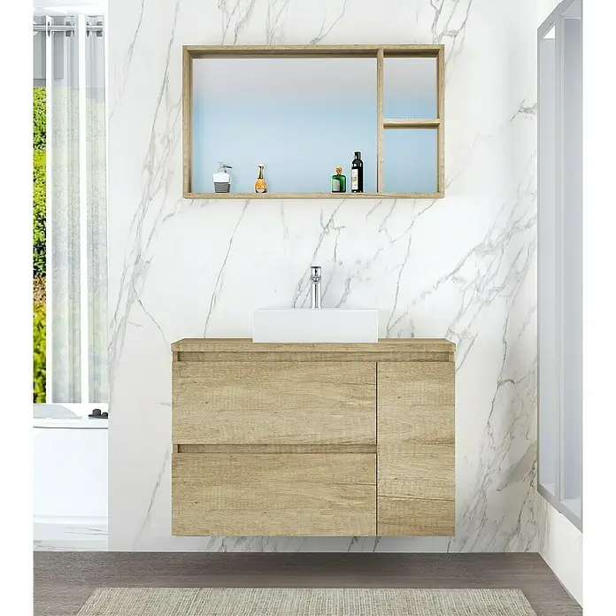 Artysan Mueble bajo de lavabo Farbe - 46 x 100 x 66 cm, Nature - Un moderno conjunto de tocador de baño con un gabinete de madera clara con cajones y un gabinete de espejo a juego con estantes.
