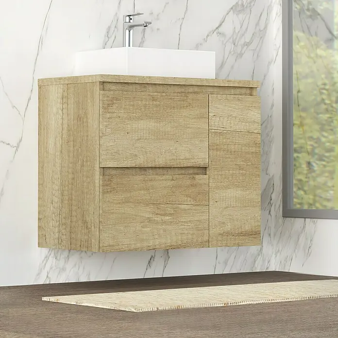 Artysan Mueble bajo de lavabo Farbe - 46 x 80 x 66 cm, Nature - Baño moderno con mueble de lavabo de madera marrón claro con un elegante lavabo cuadrado y grifo cromado sobre una pared de mármol.