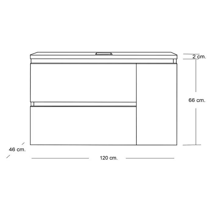 Artysan Mueble bajo de lavabo Farbe - 46 x 120 x 66 cm, Blanco seda - Imagen de un mueble de baño con cajones y dimensiones de 120 cm de ancho, 46 cm de profundidad y 66 cm de alto más una tapa de 2 cm.