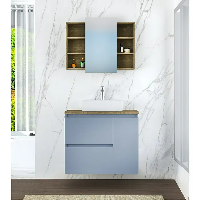 Artysan Mueble bajo de lavabo Farbe - 46 x 70 x 66 cm, Azul - Elegante conjunto de baño con mueble de lavabo azul, encimera de madera y espejo para un diseño de baño elegante.