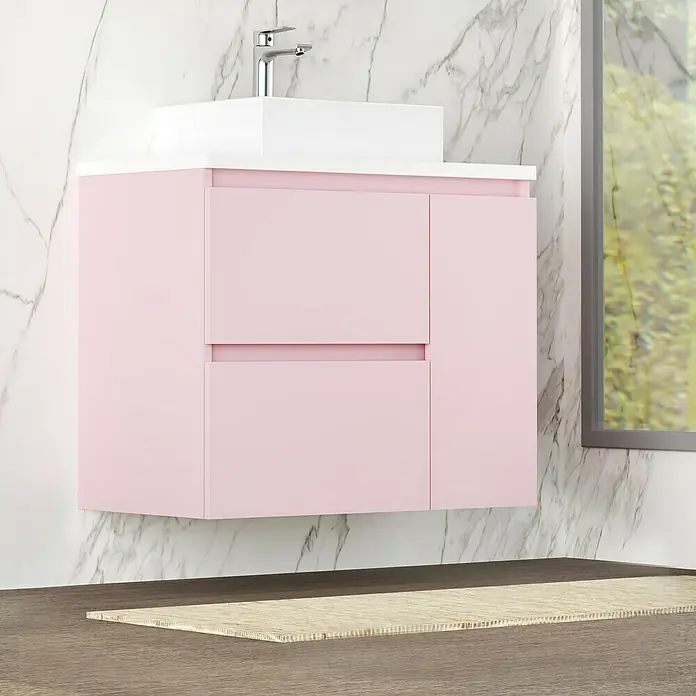 Artysan Mueble bajo de lavabo Farbe - 46 x 90 x 66 cm, Rosa - Unidad de tocador rosa con lavabo blanco contra pared de mármol y suelo de madera oscura.