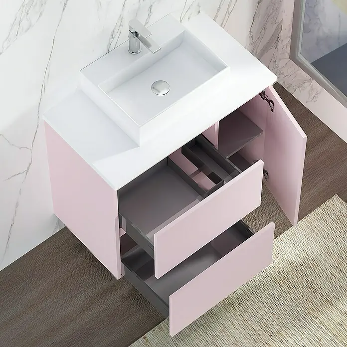 Artysan Mueble bajo de lavabo Farbe - 46 x 90 x 66 cm, Rosa - Conjunto de tocador de baño rosa moderno con lavabo, cajones y puertas de armario para un diseño de baño elegante.