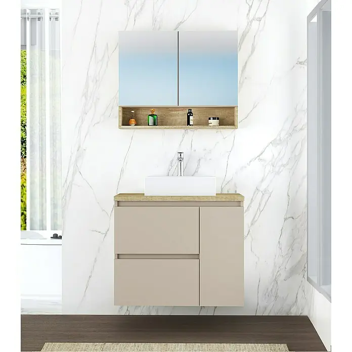 Artysan Mueble bajo de lavabo Farbe - 46 x 70 x 66 cm, Fango - Baño moderno con un elegante mueble de lavabo beige combinado con un armario con espejo y estante.