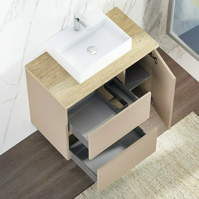 Artysan Mueble bajo de lavabo Farbe - 46 x 120 x 66 cm, Fango - Moderno mueble de baño con lavabo, dos cajones y compartimento de armario abierto en beige y aspecto de madera.