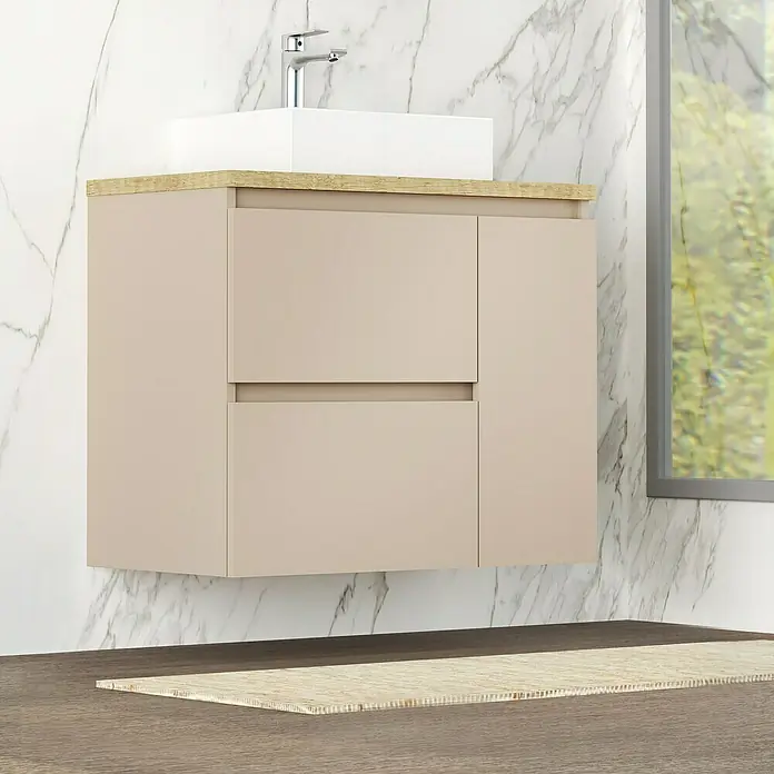 Artysan Mueble bajo de lavabo Farbe - 46 x 70 x 66 cm, Fango - Un moderno mueble de baño en beige con encimera de madera y lavabo sobre encimera. Diseño elegante para baños con estilo.