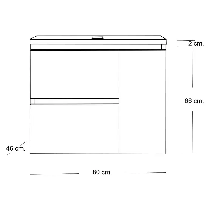 Artysan Mueble bajo de lavabo Farbe - 46 x 80 x 66 cm, Nebraska - Diagrama esquemático de un mueble de baño con medidas precisas para la construcción o planificación, incluyendo altura, anchura y profundidad.