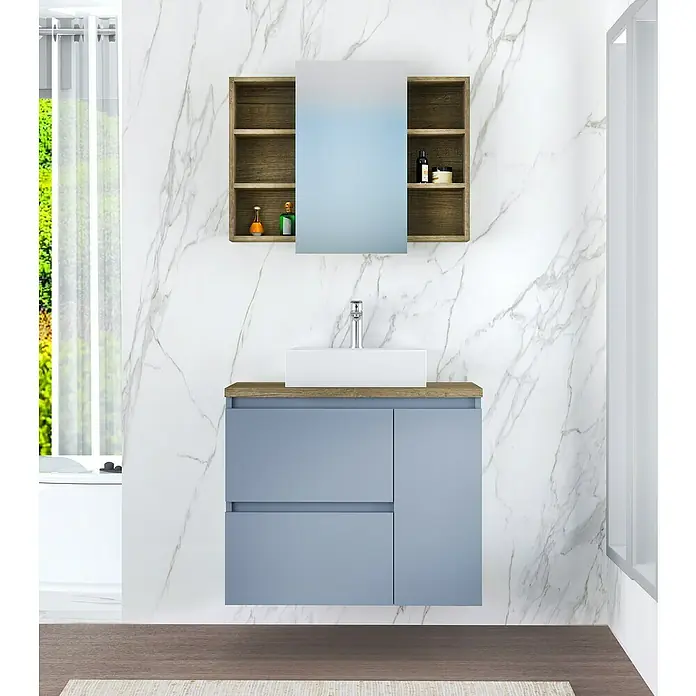 Artysan Mueble bajo de lavabo Farbe - 46 x 80 x 66 cm, Azul - Elegante lavabo de baño con mueble en azul y aspecto de madera. El armario con espejo a juego ofrece espacio de almacenamiento adicional.