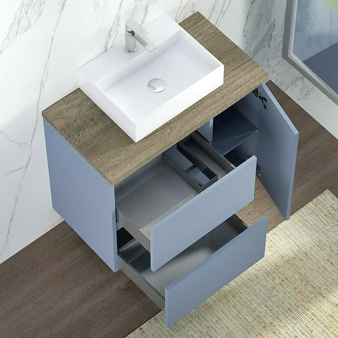 Artysan Mueble bajo de lavabo Farbe - 46 x 70 x 66 cm, Azul - Lavabo de baño moderno con mueble azul y aspecto de madera, con cajones abiertos y puerta para un amplio almacenamiento.