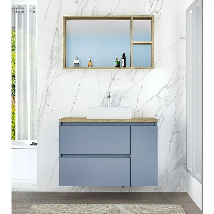 Artysan Mueble bajo de lavabo Farbe - 46 x 100 x 66 cm, Azul - Elegante conjunto de lavabo de baño azul con encimera de madera, que incluye un mueble con cajones y un armario de espejo a juego.