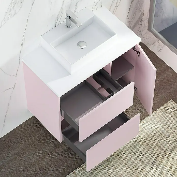 Artysan Mueble bajo de lavabo Farbe - 46 x 70 x 66 cm, Rosa - Tocador de baño moderno rosa con lavabo, cajones y armario, perfecto para un diseño de baño elegante.
