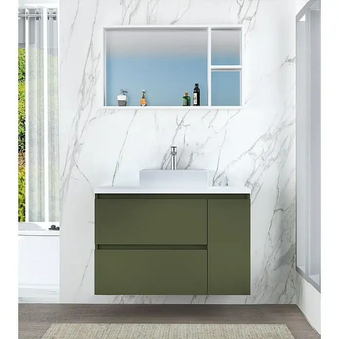 Artysan Mueble bajo de lavabo Farbe - 46 x 90 x 66 cm, Musgo - Elegante conjunto de baño con mueble de lavabo verde y lavabo encastrado blanco sobre pared de mármol.