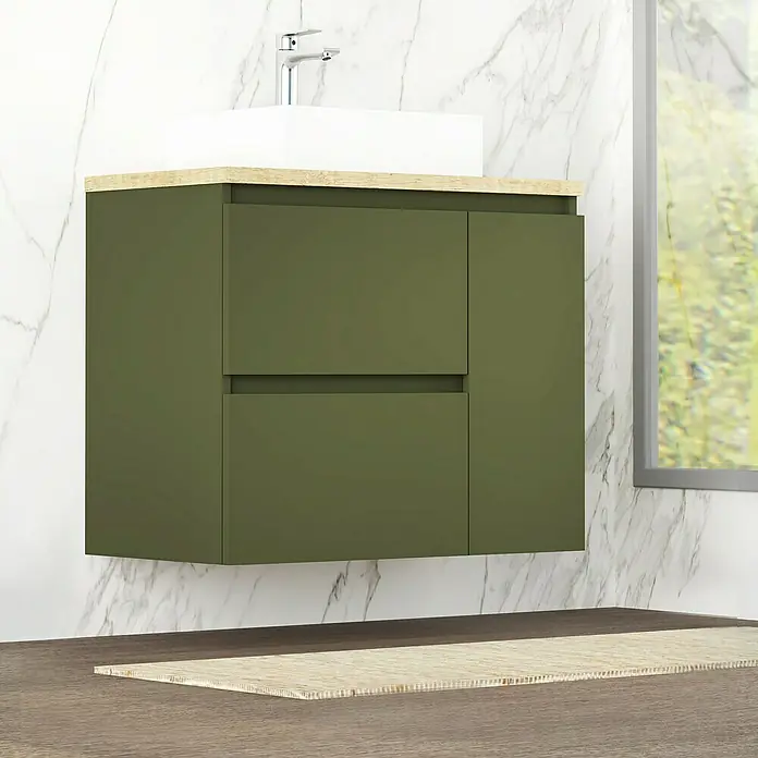 Artysan Mueble bajo de lavabo Farbe - 46 x 70 x 66 cm, Musgo - Moderno tocador flotante verde oliva con encimera de madera clara y lavabo cuadrado, ideal para un baño con estilo.