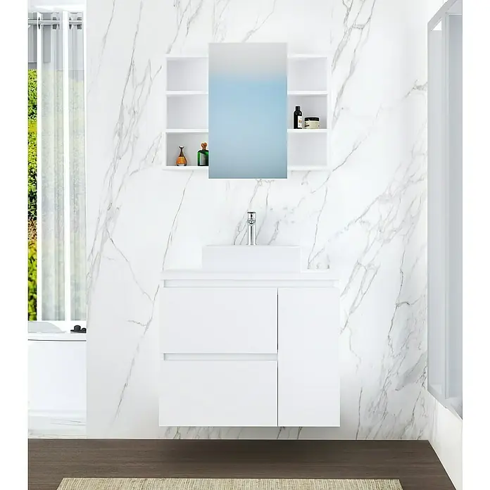 Artysan Mueble bajo de lavabo Farbe - 46 x 70 x 66 cm, Blanco seda - Elegante lavabo de baño con espejo y estantes, perfecto para un diseño de baño moderno.