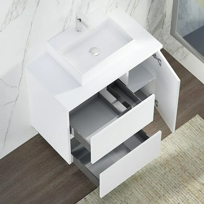 Artysan Mueble bajo de lavabo Farbe - 46 x 70 x 66 cm, Blanco seda - Moderno mueble de baño blanco con cajones abiertos y puerta de armario para un baño elegante.