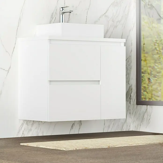 Artysan Mueble bajo de lavabo Farbe - 46 x 80 x 66 cm, Blanco seda - Un elegante mueble de baño blanco con accesorios modernos y cajones convenientes, que realza cualquier espacio de baño.
