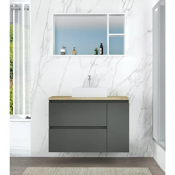 Artysan Mueble bajo de lavabo Farbe - 46 x 90 x 66 cm, Antracita - Mueble de baño con lavabo y espejo. El mueble gris con tapa de madera proporciona almacenamiento en este baño moderno.
