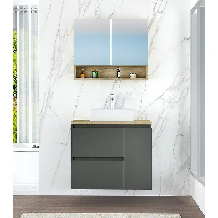 Artysan Mueble bajo de lavabo Farbe - 46 x 80 x 66 cm, Antracita - Elegante conjunto de baño con mueble de lavabo gris y armario con espejo con estante de madera, que combina diseño elegante y funcionalidad.