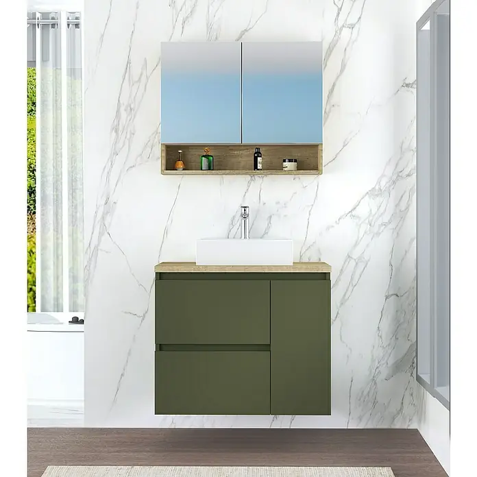 Artysan Mueble bajo de lavabo Farbe - 46 x 80 x 66 cm, Musgo - Elegante lavabo de baño con frentes verdes, encimera de madera y armario de pared con espejo para un diseño de baño elegante.
