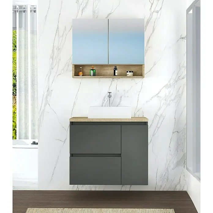 Artysan Mueble bajo de lavabo Farbe - 46 x 70 x 66 cm, Antracita - Elegante lavabo de baño con mueble gris y espejo con estante para un diseño elegante del baño.