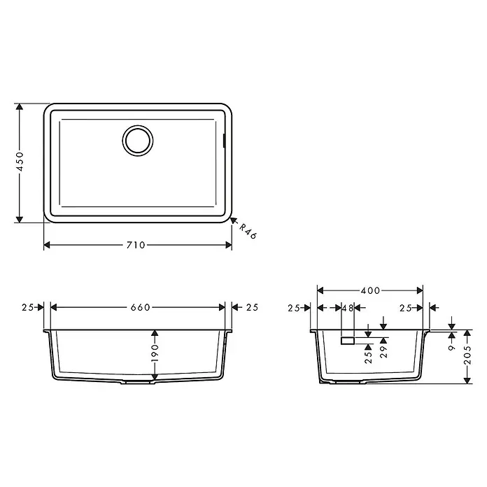 Hansgrohe Fregadero encastrable S510 - U660 1S - 45 x 71 cm, Piedra natural, Grafito, Resplandeciente - Dibujo técnico de un fregadero rectangular Duravit que muestra dimensiones y detalles.