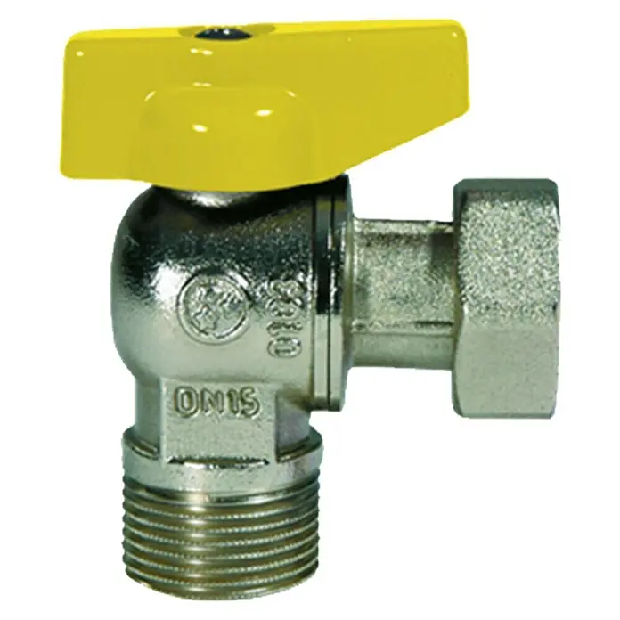 Válvula conexión caldera gas - ½″, Amarillo - Primer plano de una válvula de ángulo de cuarto de vuelta con mango amarillo y conexión roscada, ideal para sistemas de fontanería y calefacción.