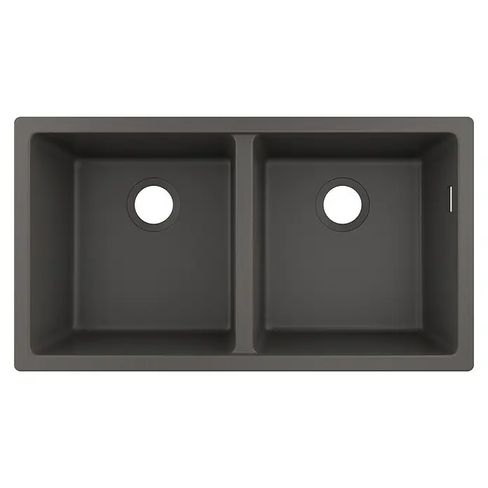 Hansgrohe Fregadero encastrable S510 - U770 2S - 45 x 82 cm, Piedra natural, Número de cubetas: 2 ud., Gris, Resplandeciente - Fregadero doble de cocina gris oscuro con dos cubetas y orificios de desagüe. Un diseño práctico para cocinas modernas.