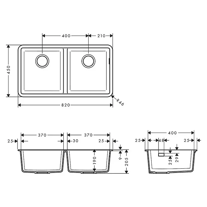 Hansgrohe Fregadero encastrable S510 - U770 2S - 45 x 82 cm, Piedra natural, Número de cubetas: 2 ud., Grafito, Resplandeciente - Imagen de un dibujo técnico de un fregadero doble con medidas y detalles de instalación.