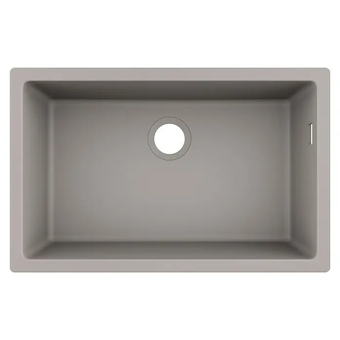 Hansgrohe Fregadero encastrable S510 - U660 1S - 45 x 71 cm, Piedra natural, Cemento, Resplandeciente - Primer plano de un fregadero rectangular gris con un desagüe redondo y un rebosadero rectangular. Ideal para cualquier cocina moderna.