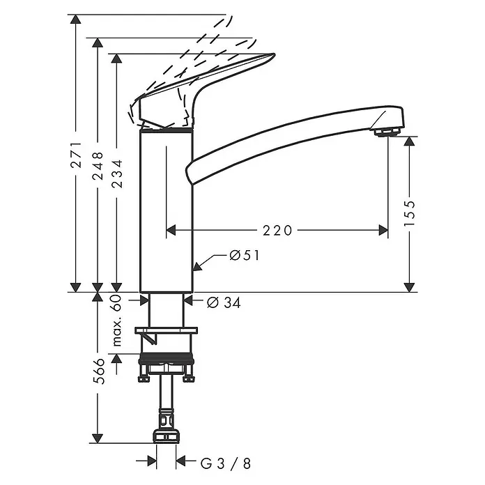 Hansgrohe Grifo de cocina MyCube M - Cromo, Brillante - Un dibujo técnico de un grifo que muestra varias dimensiones para la instalación.