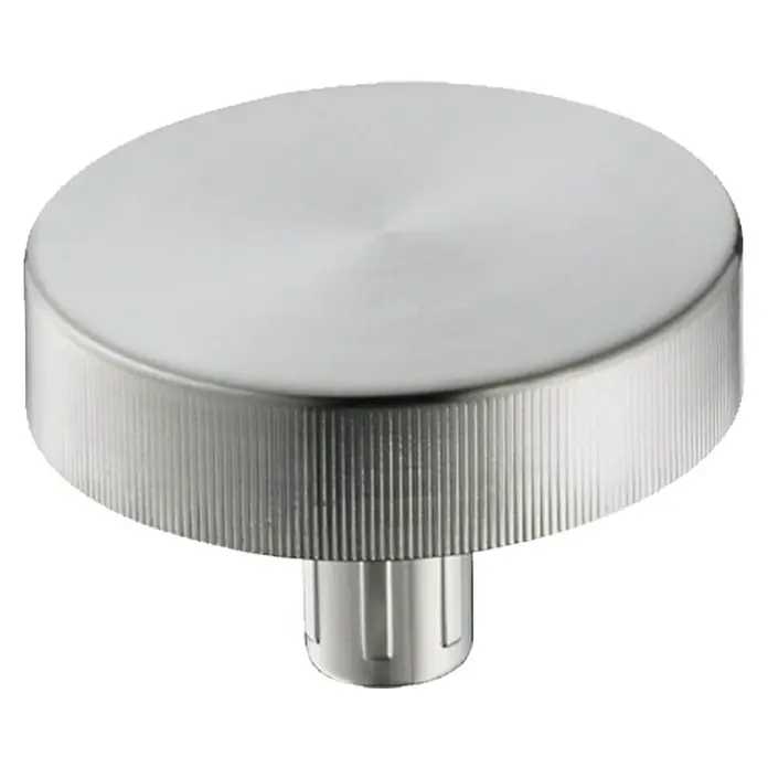 Hansgrohe Botón giratorio excéntrico - Diámetro: 44 cm, Apto para: Fregaderos de acero inoxidable - Primer plano de un botón redondo plateado con textura moleteada y base cilíndrica.