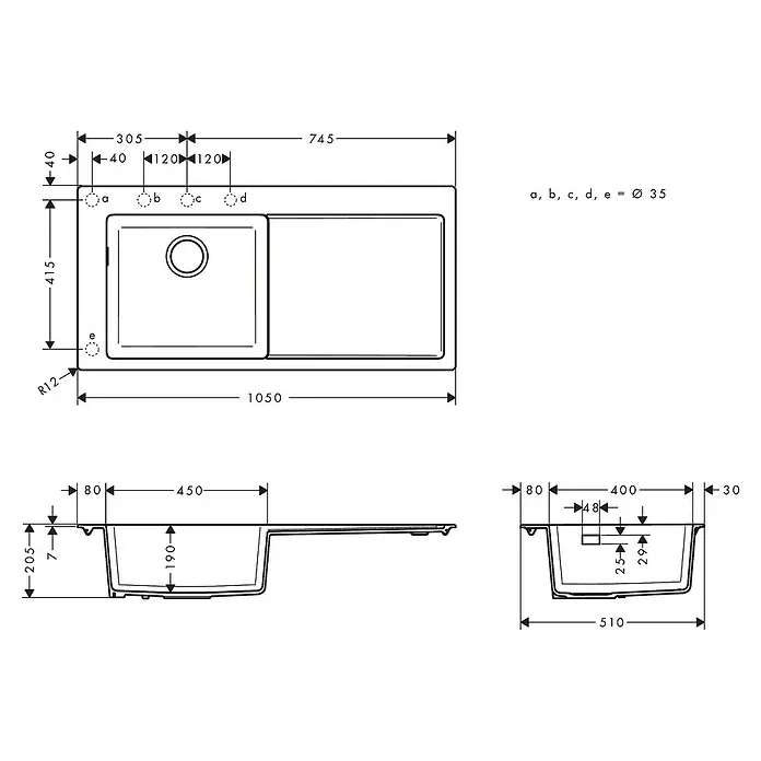 Hansgrohe Fregadero encastrable S5110 - F450 1S 1E - 51 x 105 cm, Piedra natural, Cemento, Resplandeciente - Imagen de un fregadero de cocina con dos cubetas y las dimensiones asociadas para su instalación.
