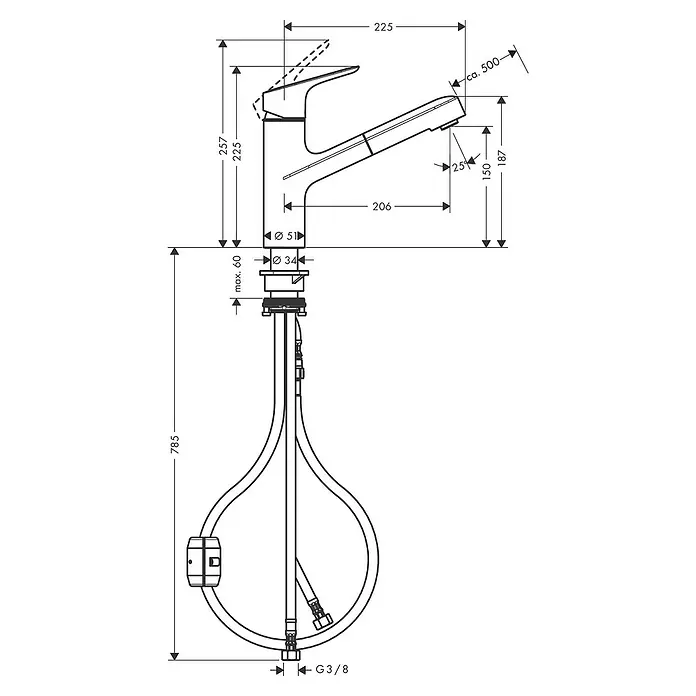 Hansgrohe Grifo de cocina Focus M43 - Cromo, Brillante - Dibujo técnico de un grifo de cocina con rociador extraíble, incluyendo todas las dimensiones y conexiones para la instalación.