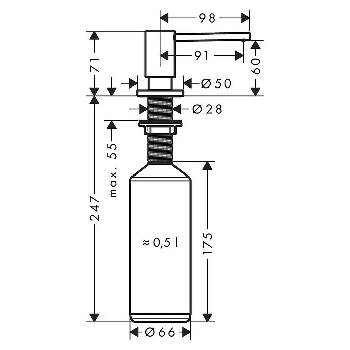 Hansgrohe Schaumsprüher - Brushed Black Chrome - Schematische Zeichnung eines Seifenspenders mit Maßangaben zu Höhe, Durchmesser und Füllmenge des Behälters.