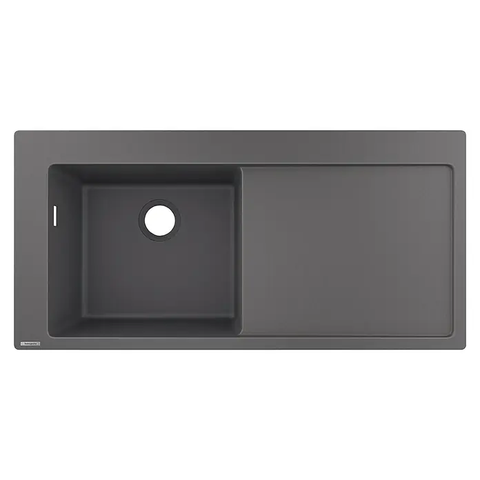 Hansgrohe Fregadero encastrable S5110 - F450 1S 1E - 51 x 105 cm, Piedra natural, Gris, Resplandeciente - Imagen de un fregadero de cocina gris moderno con escurridor, ideal para cualquier cocina contemporánea. Ofrece funcionalidad y diseño elegante para el uso diario.