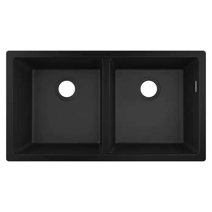 Hansgrohe Fregadero encastrable S510 - U770 2S - 45 x 82 cm, Piedra natural, Número de cubetas: 2 ud., Grafito, Resplandeciente - Fregadero negro de doble cubeta con dos recipientes y desagües centrados para la cocina moderna. Construcción robusta para alto uso.