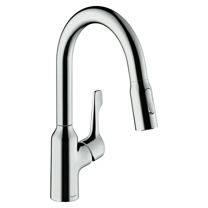 Hansgrohe Grifo de cocina Focus M43 - Caño alto, Cromo, Brillante - Grifo de cocina cromado brillante con rociador extraíble, combinando elegancia y funcionalidad.
