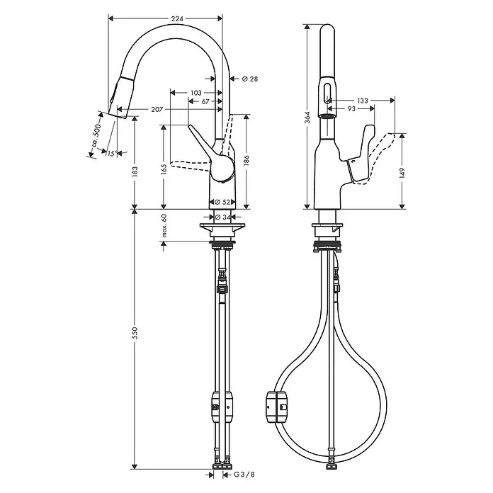 Hansgrohe Grifo de cocina Focus M43 - Caño alto, Cromo, Brillante - Dibujo técnico de un grifo de cocina con todas las dimensiones.