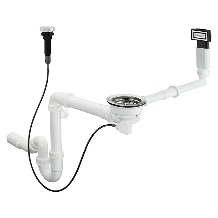 Hansgrohe Ablaufgarnitur D16-11 - 1 ½″ - Ein weißer, moderner Siphon mit einem Abflussstopfen. Ideal für Badezimmer oder Küchen, sorgt er für einen reibungslosen Wasserablauf.