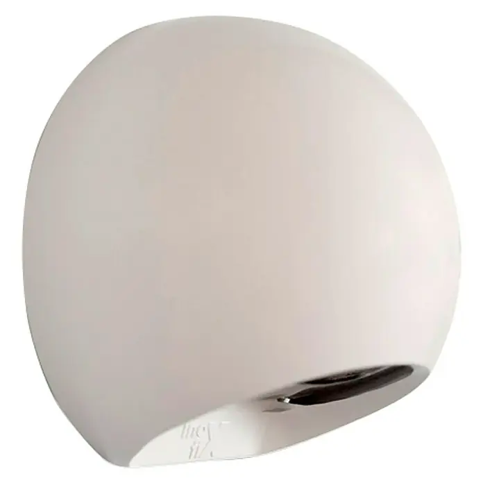 Inofix Abrebotellas 2030 - Plástico, Largo: 61 mm, Tipo de montaje: Pegado, Montaje en la pared - Primer plano de un secador de manos blanco y redondo. El secador de manos tiene una superficie lisa y un diseño moderno.