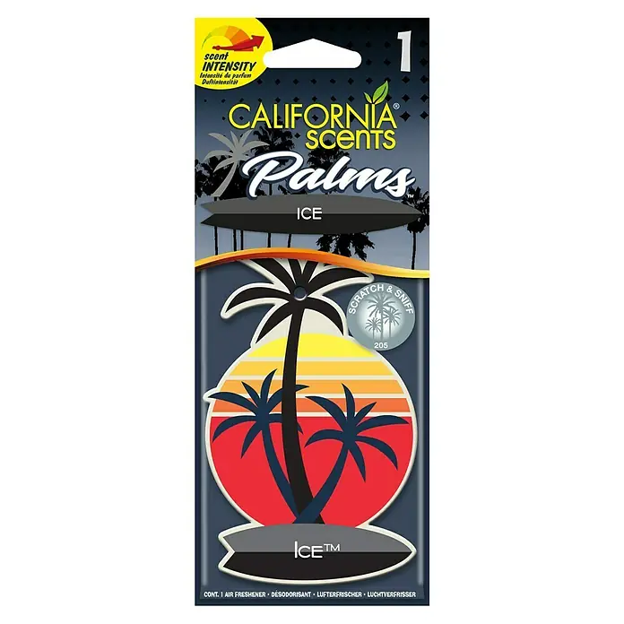 California Scents Ambientador de coche California Scents - Ice, 30 días - Ambientador California Scents "Palms ICE" con sistema de aroma para rascar y oler, ideal para coche o casa.