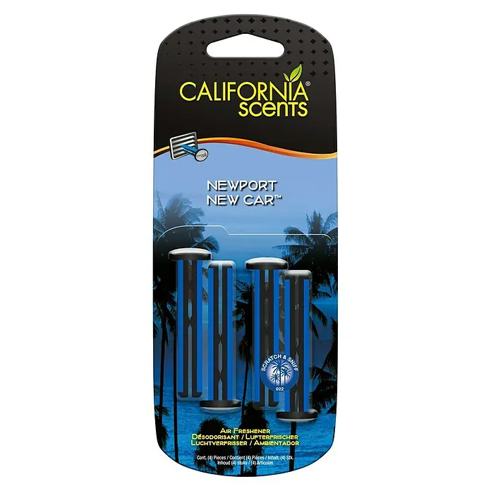 California Scents Ambientador de coche California Scents - New Car, 60 días, 4 ud. - Ambientador California Scents Newport New Car con 'scratch & sniff', para un aroma fresco de coche.
