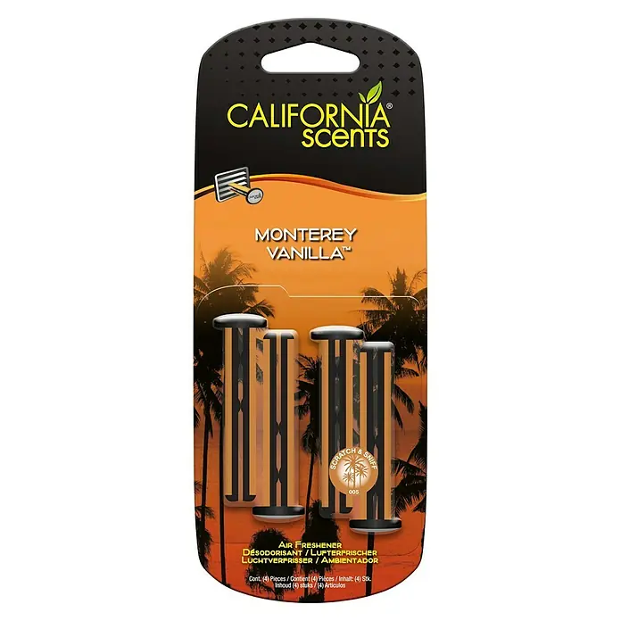 California Scents Ambientador de coche California Scents - Vainilla, 60 días, 4 ud. - Ambientador California Scents Monterey Vanilla con 4 difusores y rasca y huele para un aroma de vainilla en el coche.