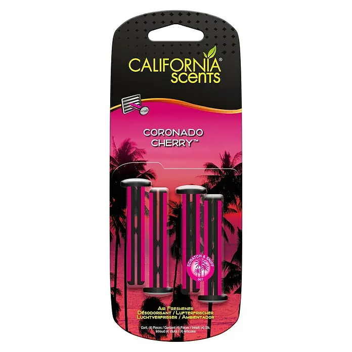 California Scents Ambientador de coche California Scents - Cerezo, 60 días, 4 ud. - Ambientador California Scents Coronado Cherry con muestra para rascar y oler, proporciona aroma duradero y refresca cualquier espacio.