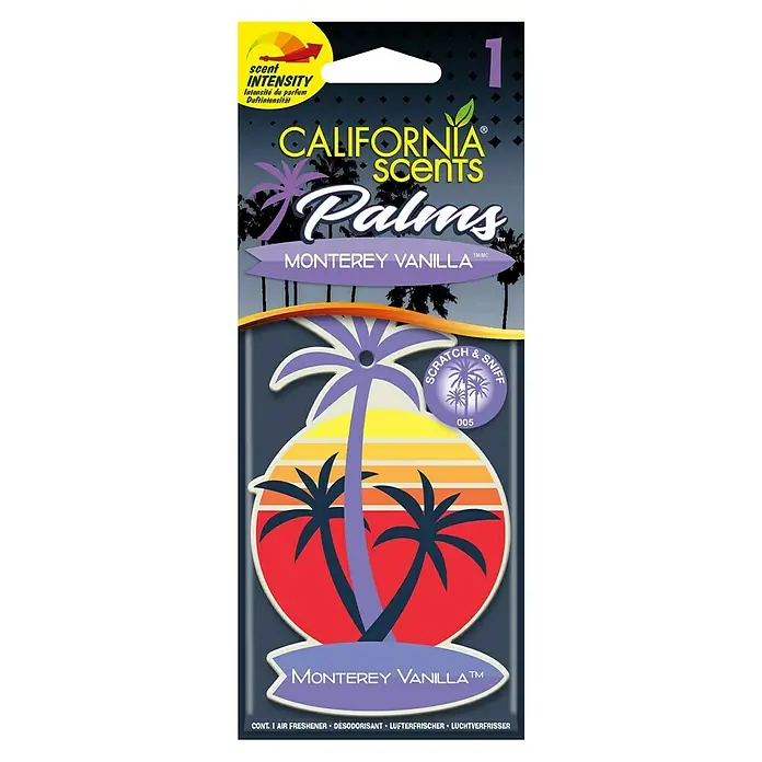 California Scents Autoduft Palms Paper - Monterrey Vanilla, 30 Tage - California Scents Palms "Monterey Vanilla" Lufterfrischer mit Duftintensitätsanzeige und "Scratch & Sniff"-Funktion für ein tropisches Dufterlebnis.