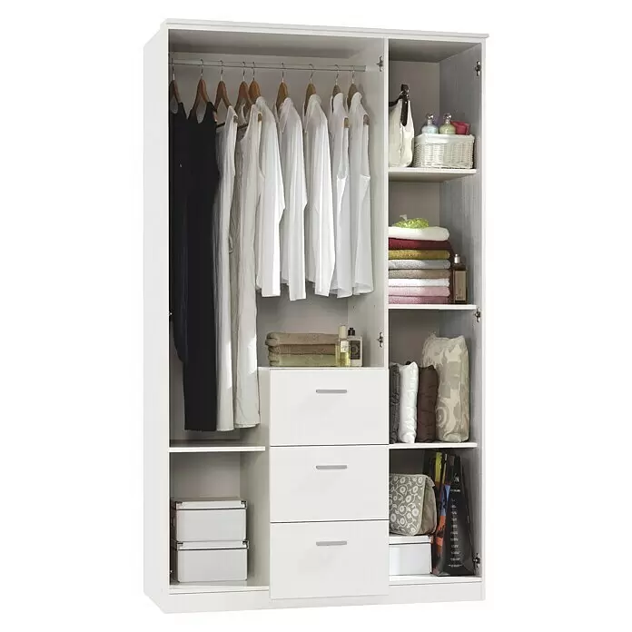 Armario para ropa Ward - L x An x Al: 52 x 117 x 203 cm, Blanco - Armario blanco con barra, estantes y cajones, organizado con ropa, toallas y varios artículos.